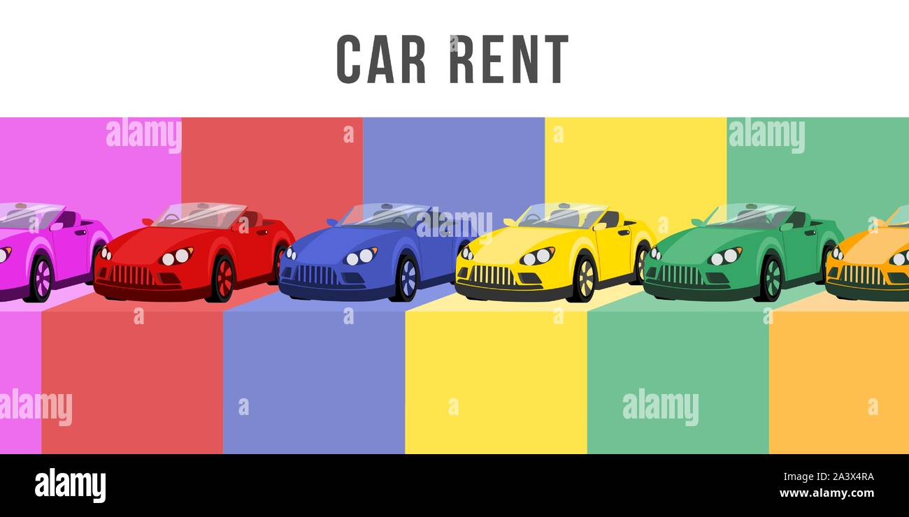 Car rent flat banner vector template. Automobile dealership center, personal transport leasing service advertising poster layout. Different multicolor cabriolets cartoon illustration with typography Stock Vector