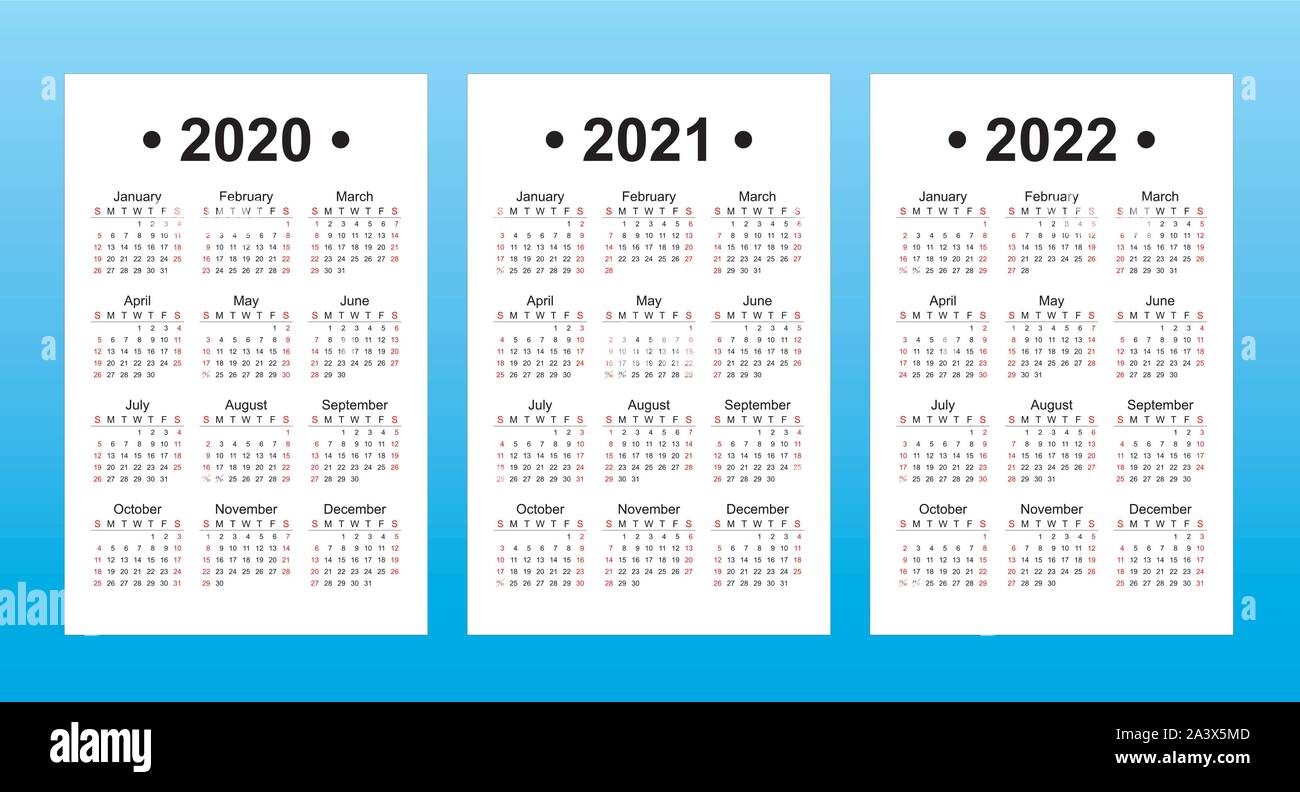 pace calendar 2021 2022 Set Of 3 Calendar Templates English Language 2020 2021 2022 Year Vector Stock Vector Image Art Alamy pace calendar 2021 2022