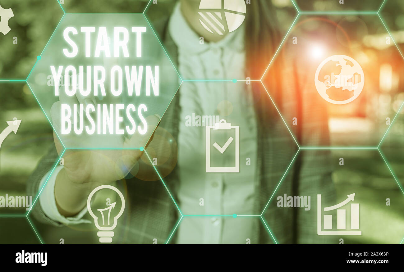 Writing note showing Start Your Own Business. Business concept for Entrepreneurial Venture a Startup Enter into Trade Female human wear formal work su Stock Photo