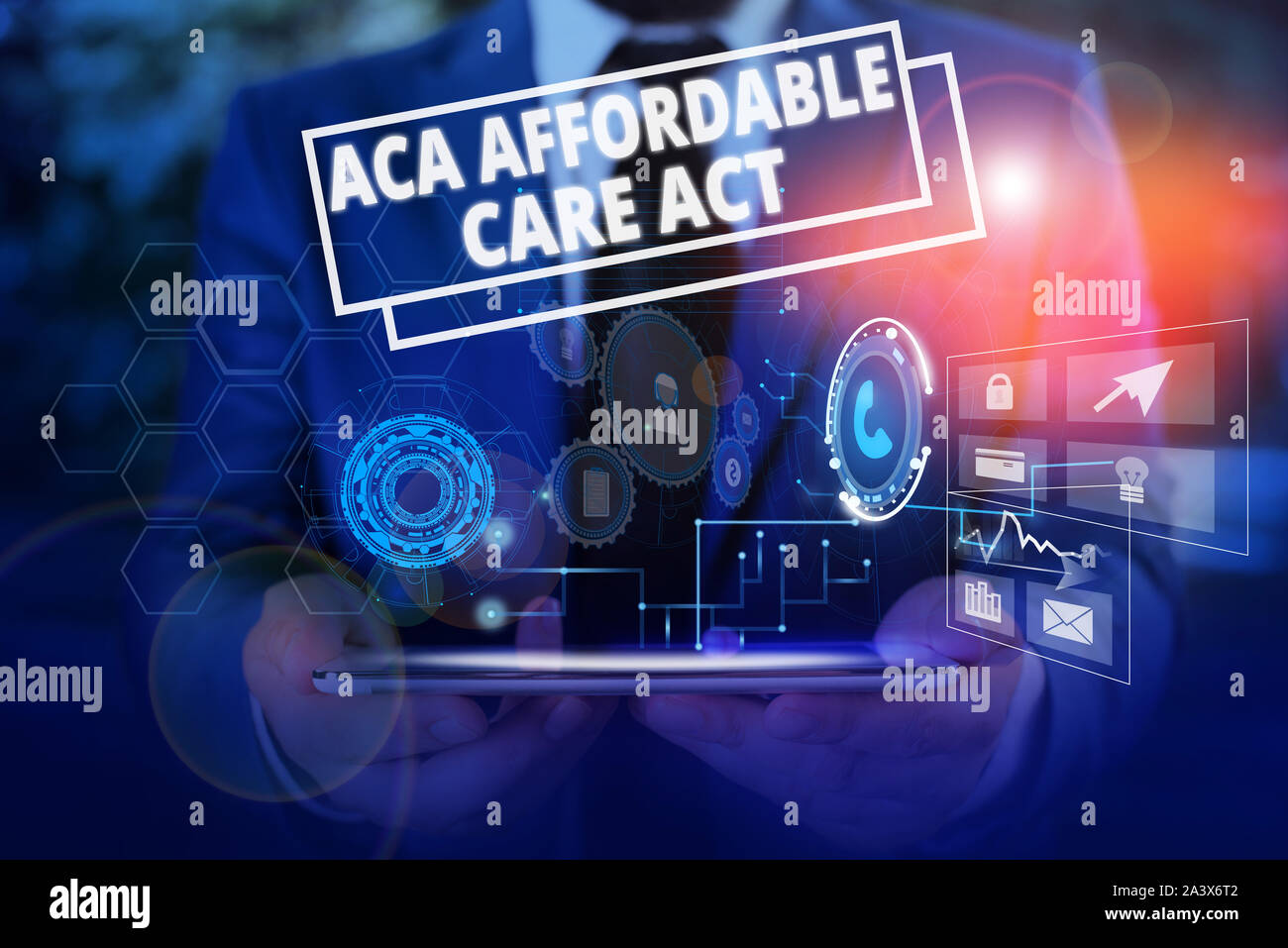 Conceptual hand writing showing Aca Affordable Care Act. Concept meaning providing cheap treatment to patient several places Male wear formal suit pre Stock Photo