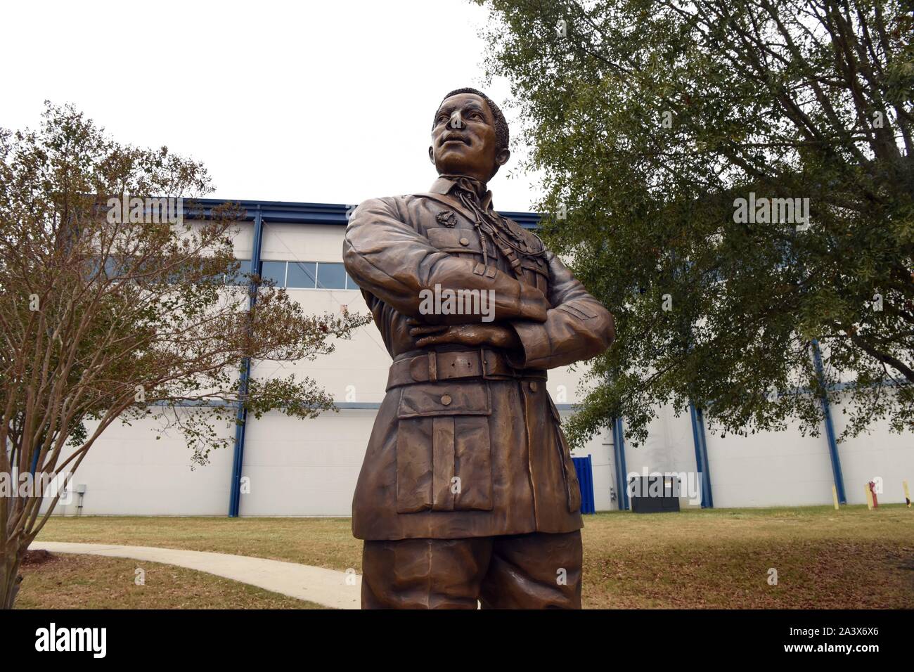 Warner Robins, United States. 09 October, 2019. Statue of 2nd Lt. Eugene Jacques Bullard, the first African American fighter pilot, is unveiled during a ceremony at the Museum of Aviation on Warner Robins Air Force Base October 9, 2019 in Warner Robins, Georgia. The statue was donated to the United States Air Force by the Georgia World War I Centennial Commission.  Credit: Tommie Horton/Planetpix/Alamy Live News Stock Photo