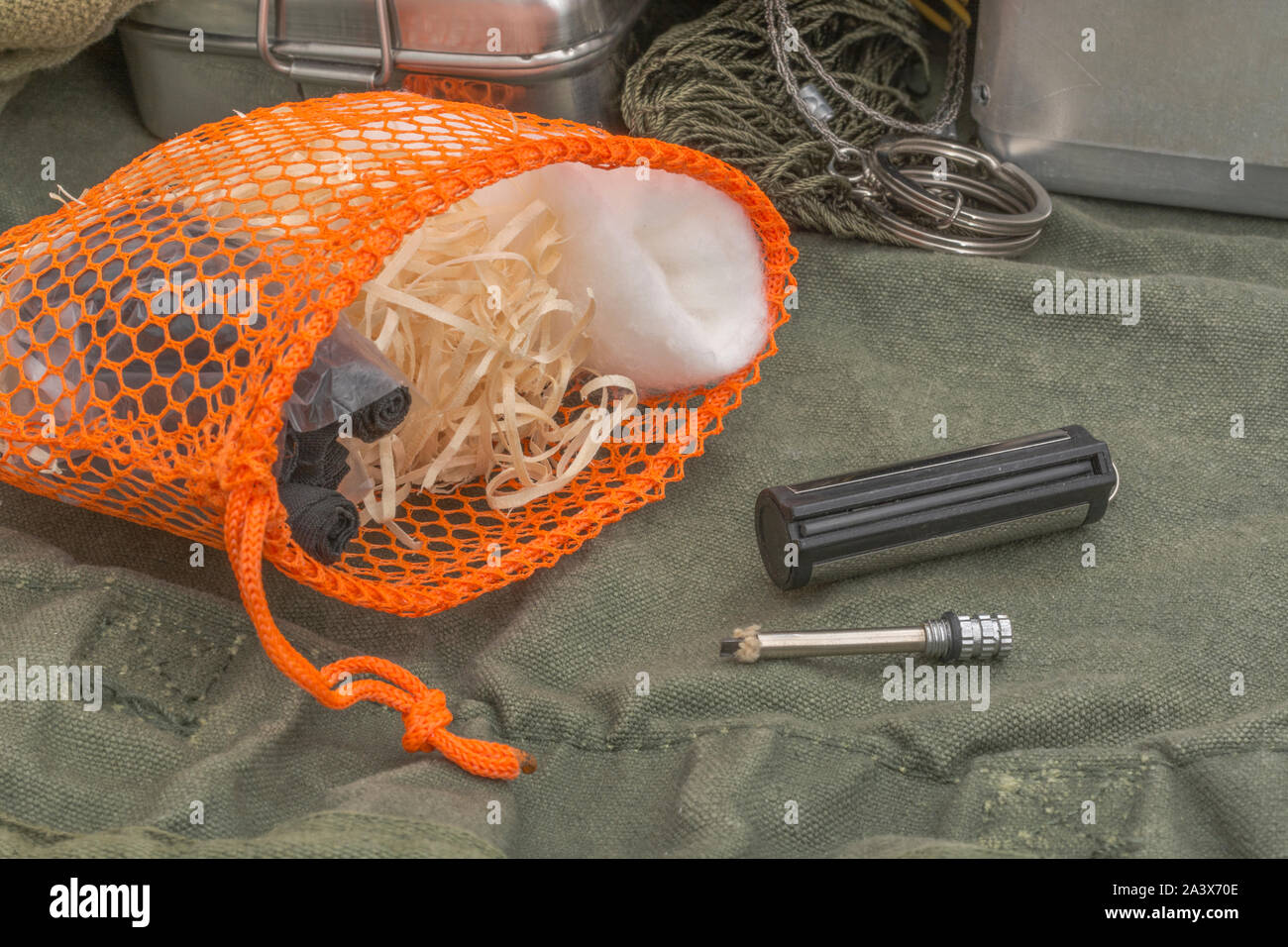 Survival skills fire lighters / firelighting materials. Bag of