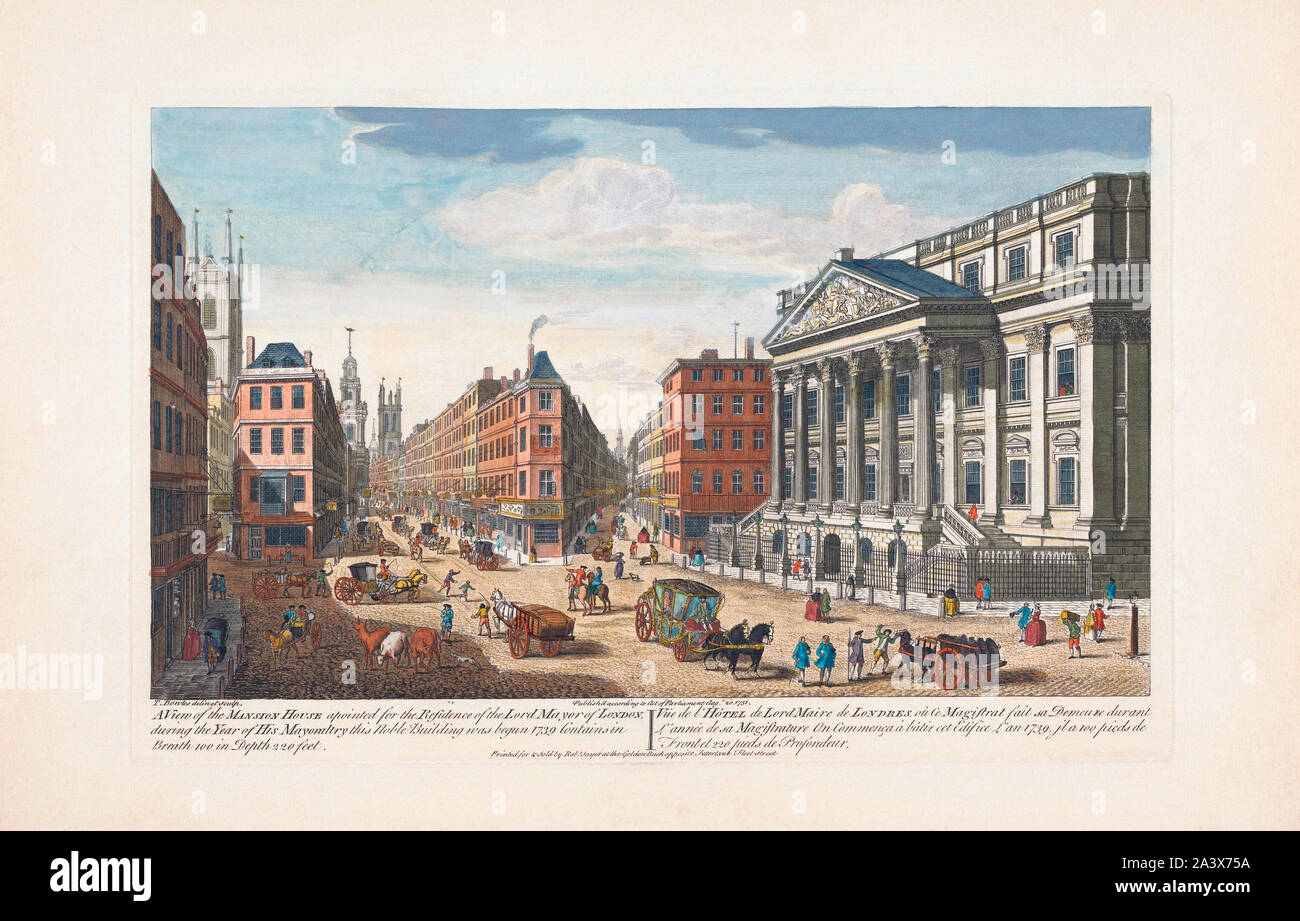 A view of the Mansion House.  London, England.  After a print dated 1751, published by Robert Sayer.  Later colourization. Stock Photo