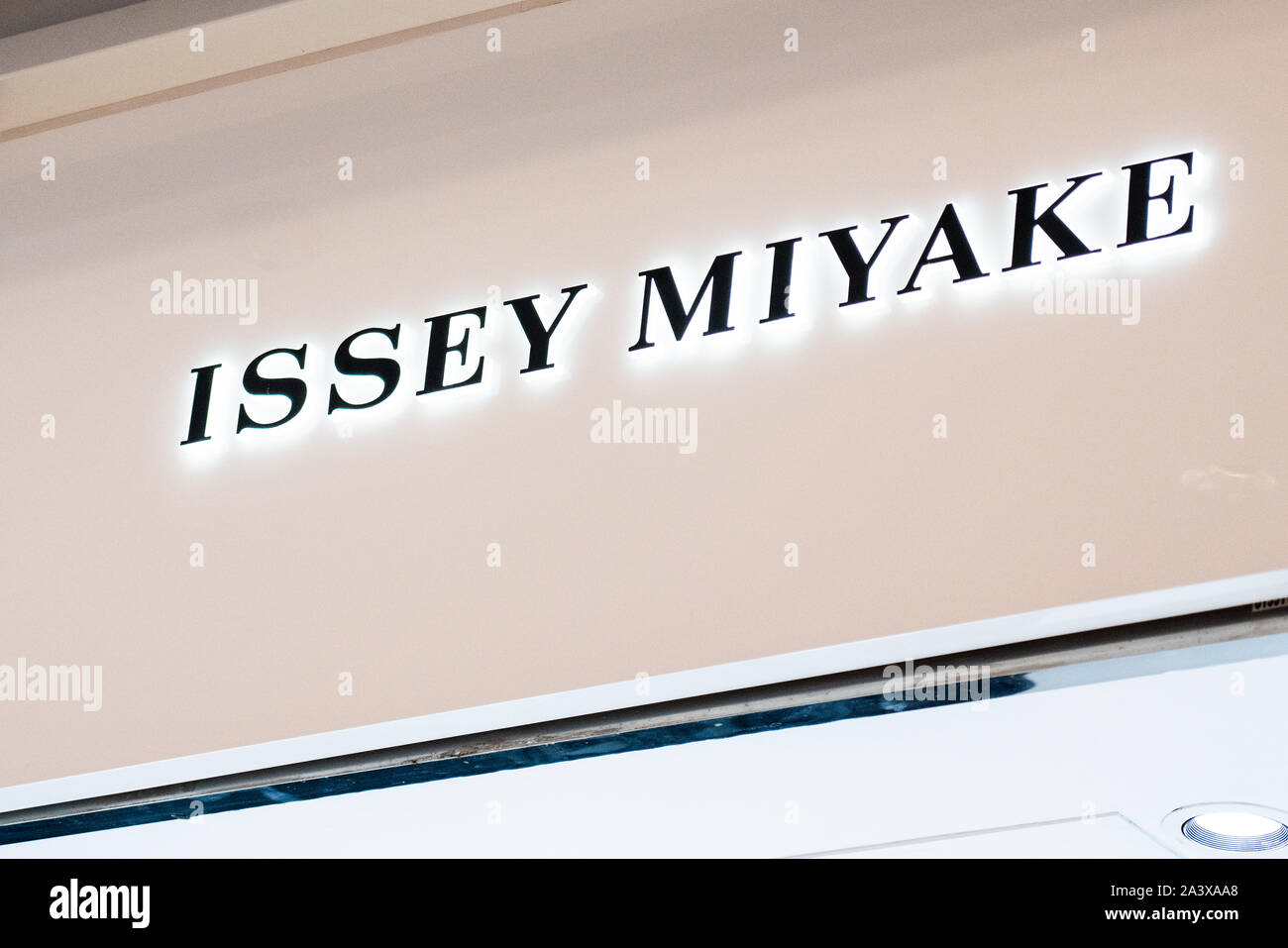 Japanese fashion brand, Issey Miyake logo seen in Shenzhen Stock Photo ...