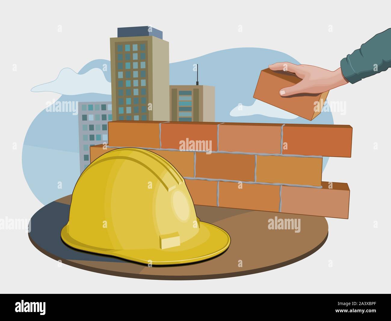 Construction industry composition inclunding a security hat, a worker building a wall and some buildings on the background. Vector illustration. Stock Vector