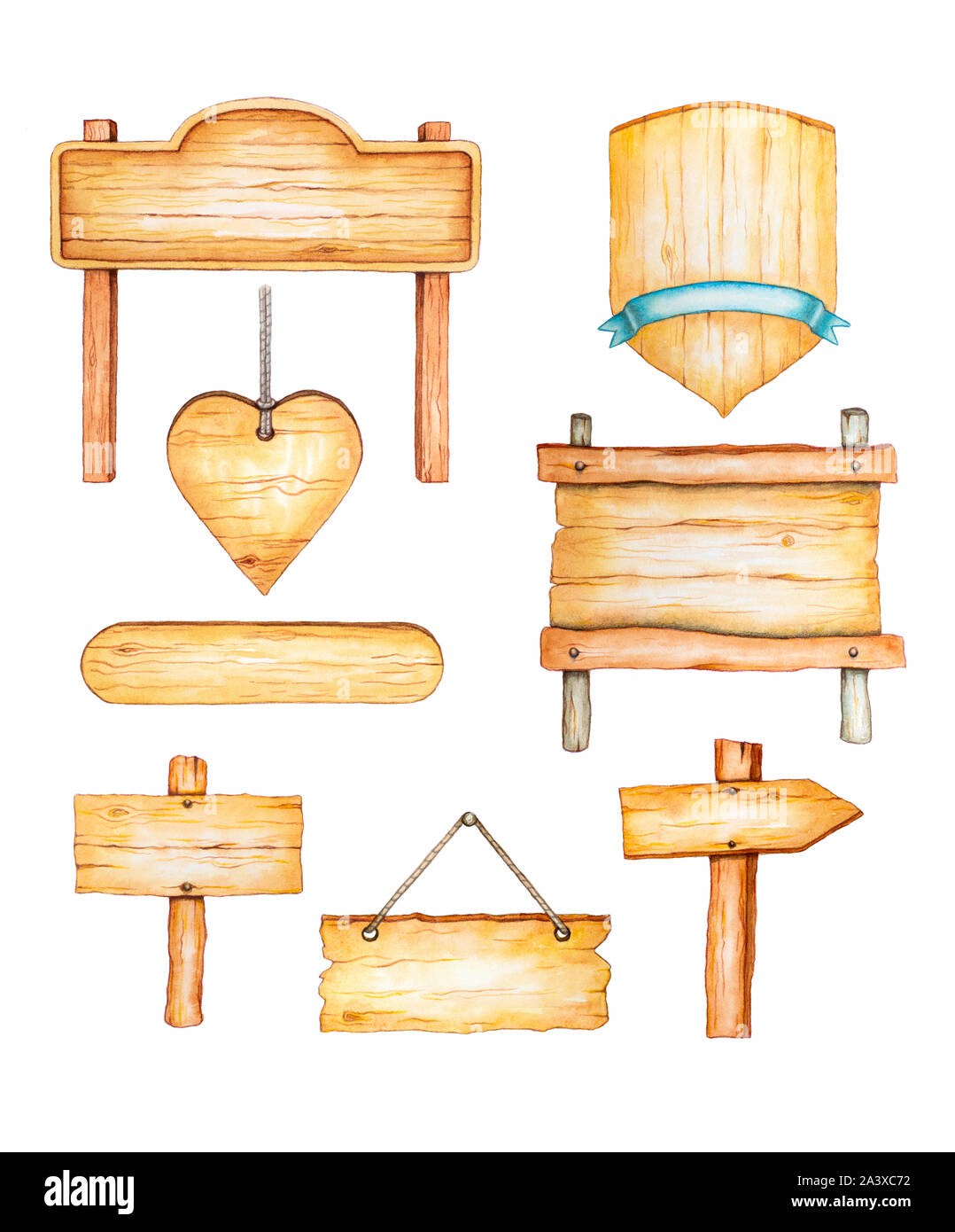 Watercolor wood signposts, in different shapes and sizes. Traditional ...