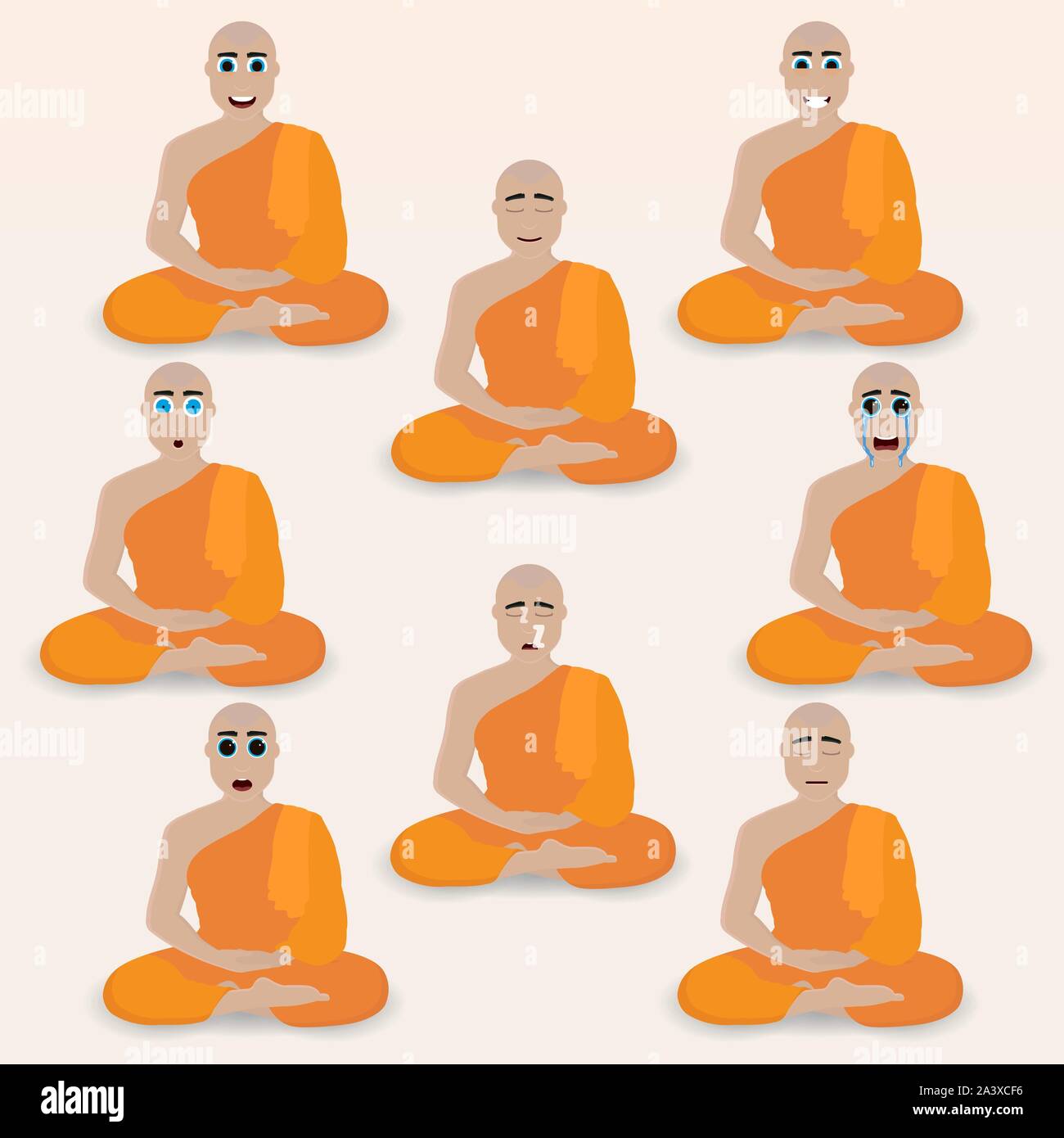 Set of cute monk emoticons. Various emotions of the character. Set of avatar icons. Vector illustration. Stock Vector