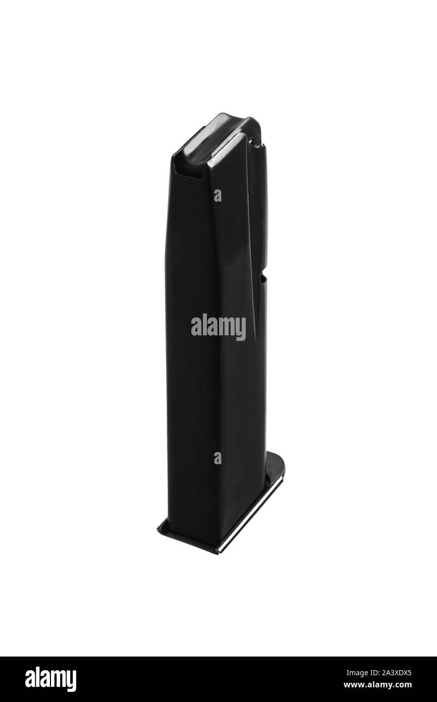Handgun magazine on white surface. Clip for a modern semi-automatic pistol isolate on a white background. Stock Photo