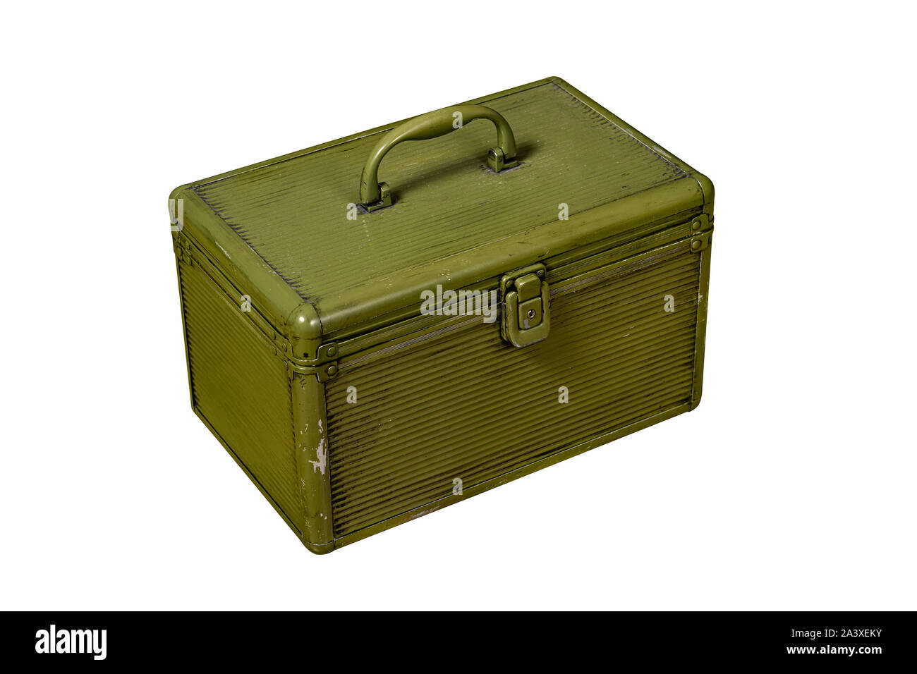 Old metal military box isolate on a white background. Green rusty 
