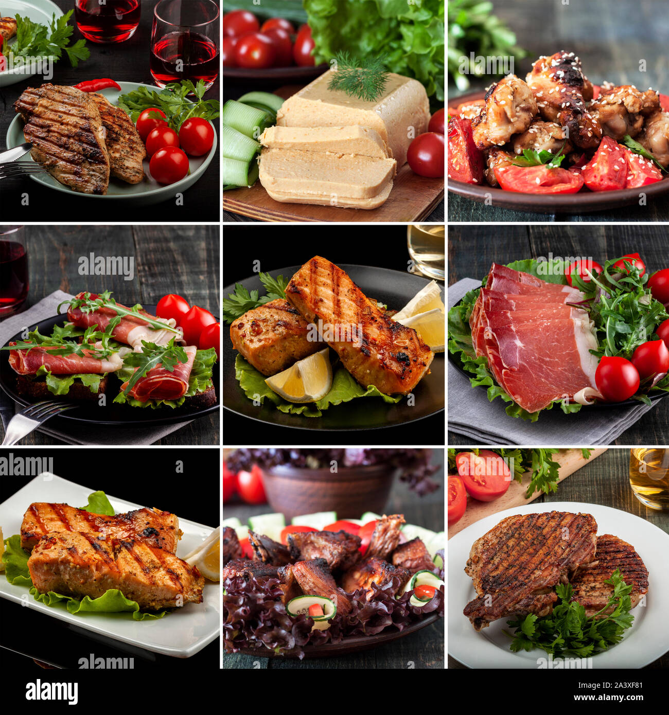 A collection of warm and cold meat dishes. Includes pork, chicken and