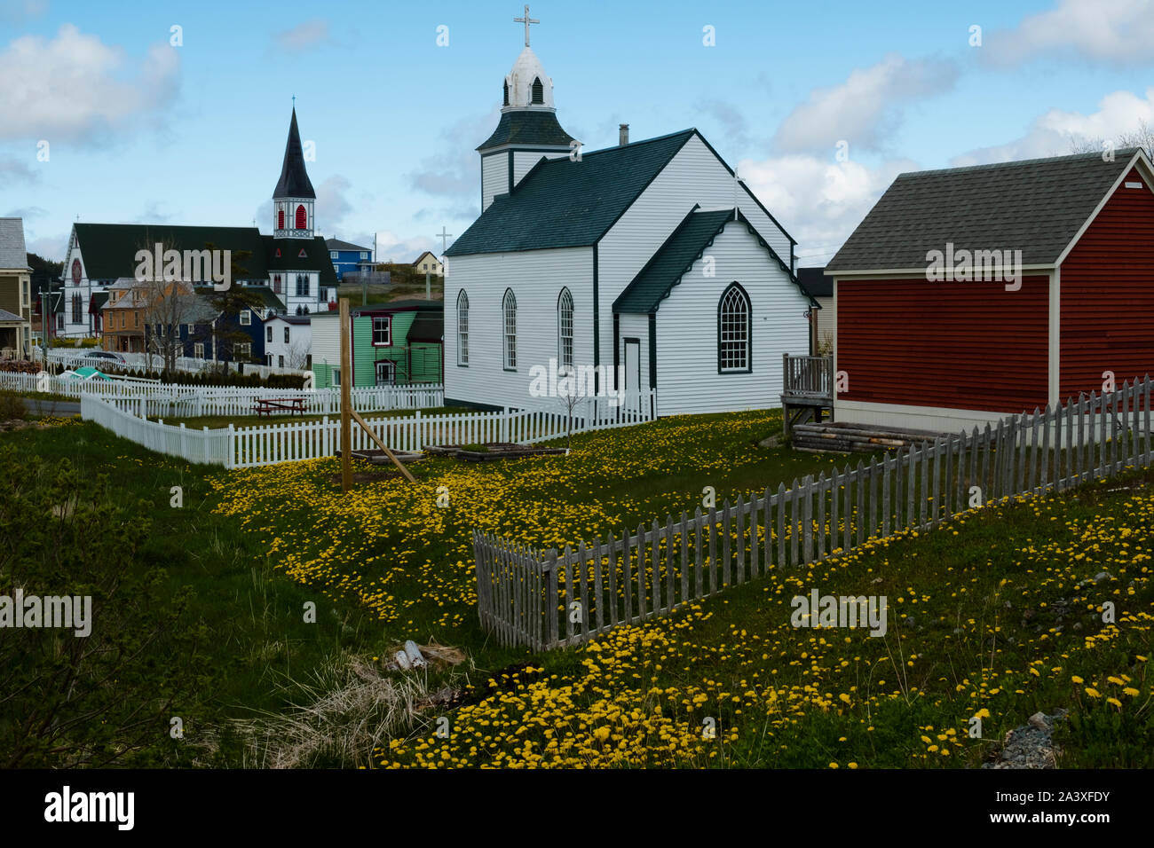 Buildings and churches in the town of Trinity, Newfoundland. This town is where The Shipping News was filmed. Stock Photo