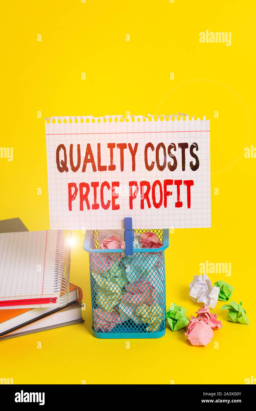 Handwriting text Quality Costs Price Profit. Conceptual photo Balance between wothiness earnings value Trash bin crumpled paper clothespin empty remin Stock Photo