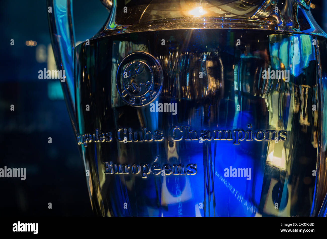 A close-up picture of the Champions League trophy on display inside the FC Porto Museum. Stock Photo