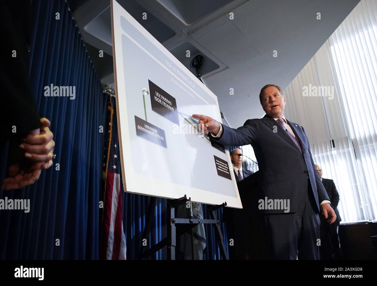 United States Attorney for Southern District of New York Geoffrey Berman speaks at a press conference after two associates of President Trump's personal attorney Rudolph W. Giuliani were arrested on charges that they schemed to funnel foreign money to U.S. politicians in a bid to affect U.S.-Ukraine relations on Thursday October 10, 2019 in New York City. Lev Parnas and Igor Fruman, believed to be important witnesses in the House's impeachment inquiry of Mr. Trump, were arrested on campaign finance charges. Photo by John Angelillo/UPI Stock Photo