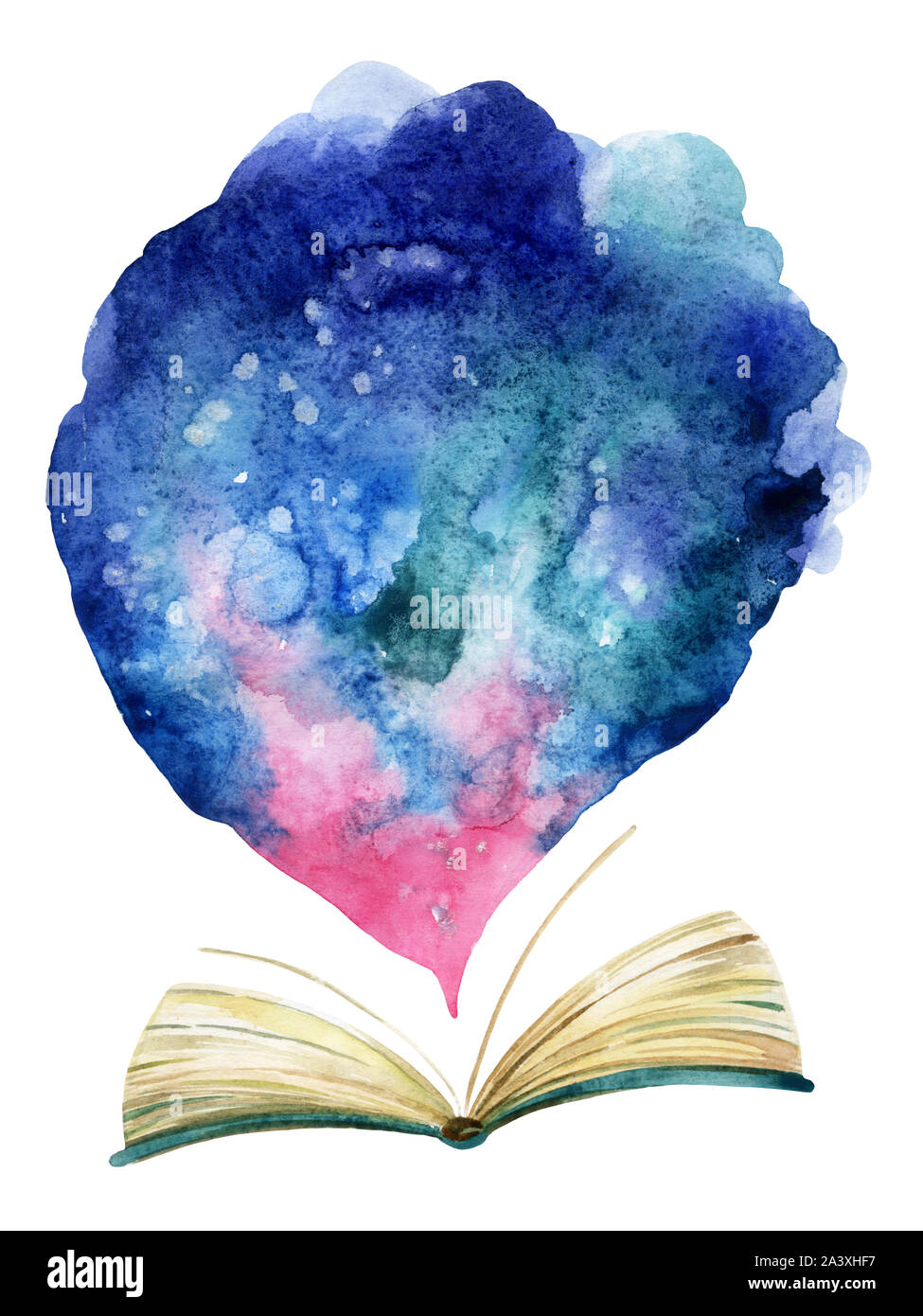 Watercolor open book with magic cloud. The whole world in one book