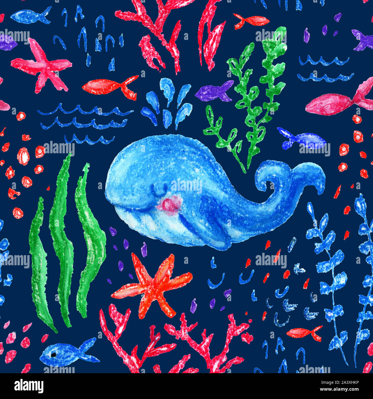 Crayon childlike marin seamless pattern. Underwater sea, ocean life childish drawing. Cute whale, fishes, starfish, corals on white background. Hand d Stock Photo