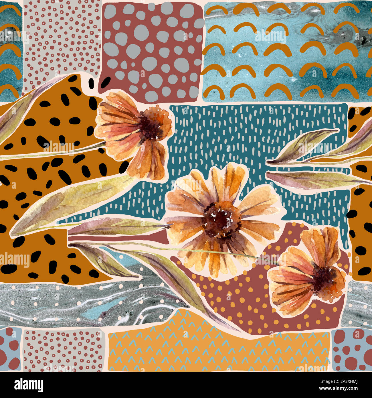 Download Autumn Watercolor Flowers On Geometric Background With Doodles Hand Drawn Dahlia Flowers With Scribble Marbling Textures For Fall Design Watercolo Stock Photo Alamy