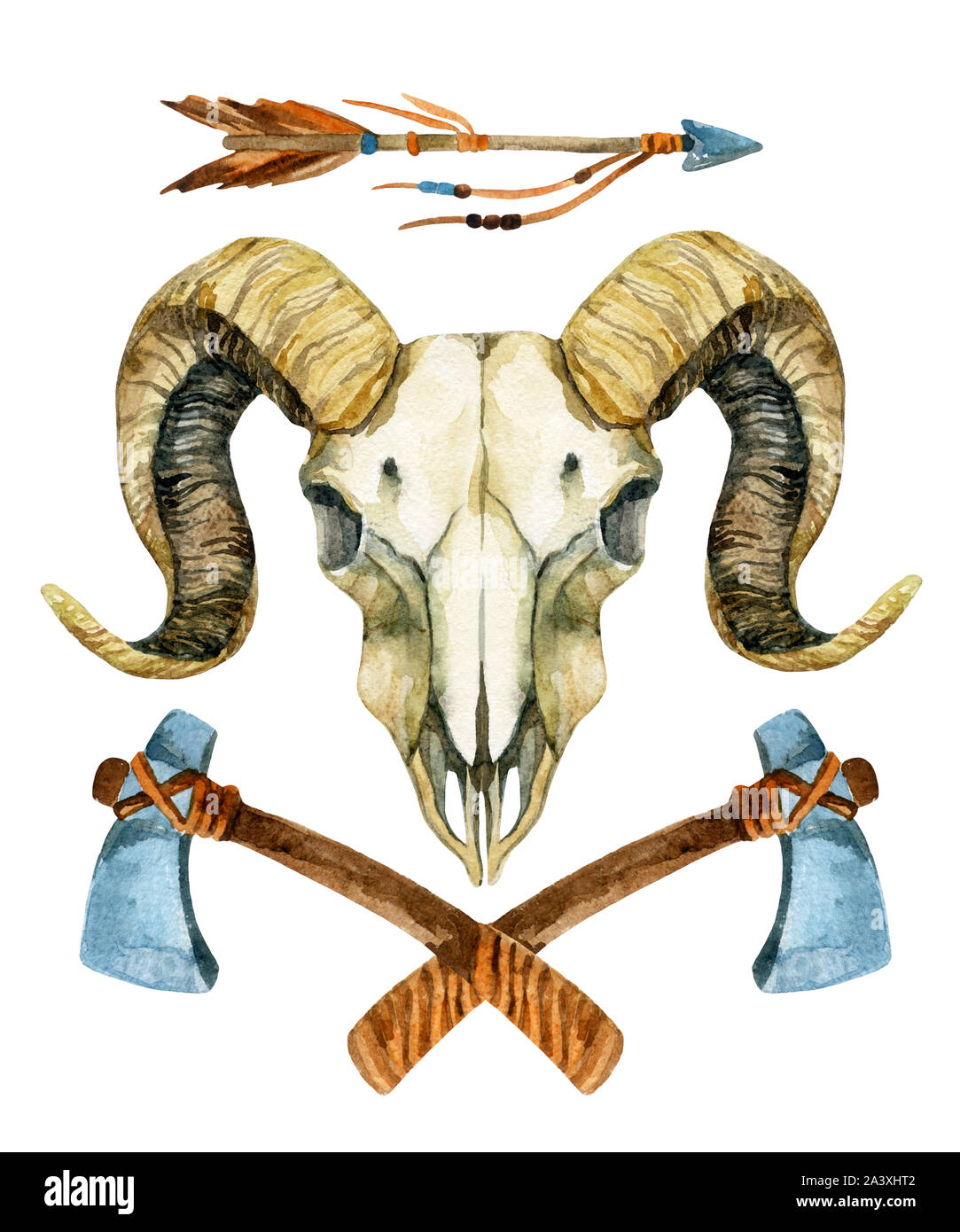 Ram skull. Sheep skull with tomahawk and arrow isolated on white background. Hand painted illustration Stock Photo