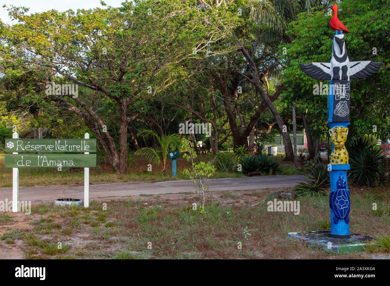 Totem With The Emblematic Animals Of Guiana Scarlet Ibis Harpy Eagle Jaguar Turtle Amerindian Village Of