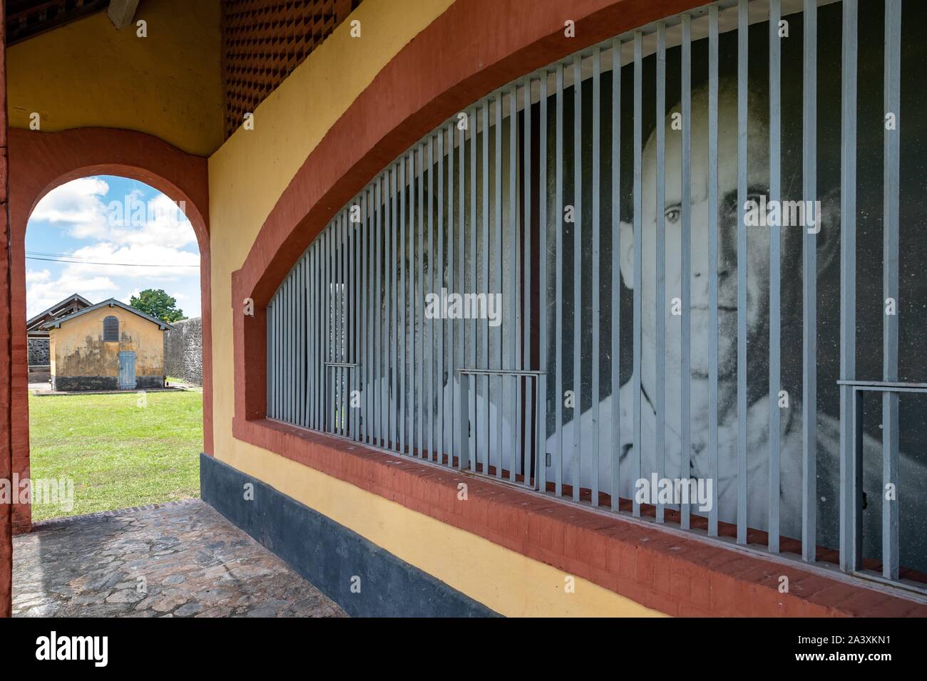 ENTRANCE TO THE MUSEUM OF THE TRANSPORTATION CAMP, SAINT-LAURENT DU MARONI, FRENCH GUIANA, OVERSEAS DEPARTMENT, SOUTH AMERICA, FRANCE Stock Photo