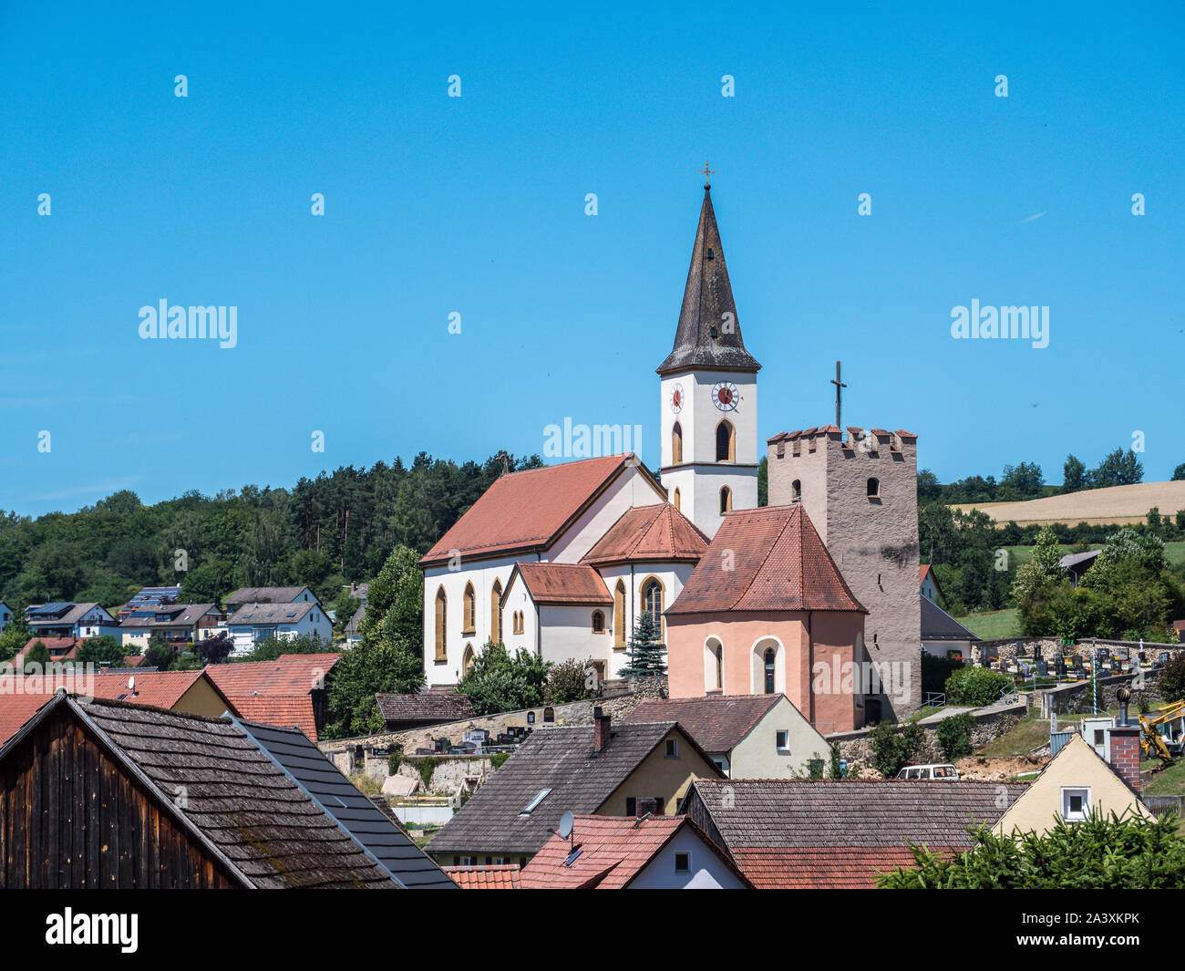 Church with Saxon tower in Trausnitz Stock Photo