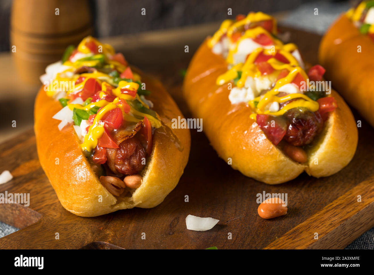 Homemade Sonoran Hot Dogs with Bacon Mustard Mayo Stock Photo Alamy