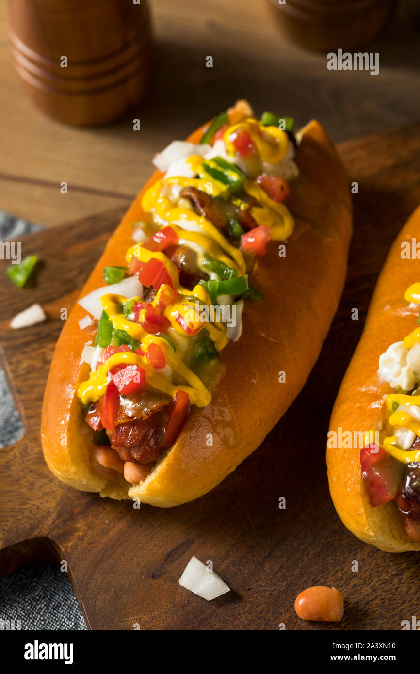 Homemade Sonoran Hot Dogs with Bacon Mustard Mayo Stock Photo Alamy