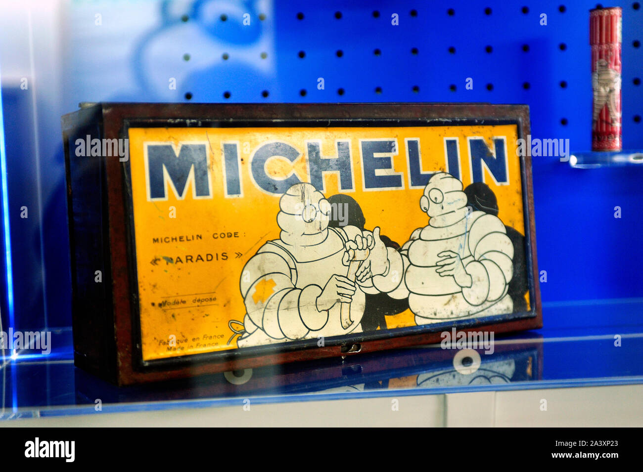 Old Michelin advertising on display at the brand museum in Clermont-Ferrand Stock Photo