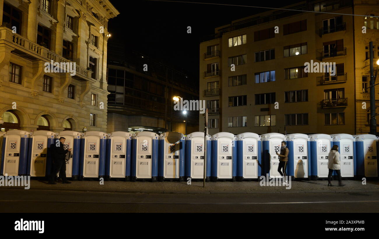 Mobile toilets for visitors of the public ceremony to pay last respects to Karel Gott that will be held in the Zofin Palace on an island in the city centre between 08:00 and 22:00 on Friday, October 11, in Prague, Czech Republic, October 10, 2019. Dozens of riot and traffic police officers will be deployed on Friday to protect the safety of visitors to the public ceremony. The Masaryk embankment, from Jirasek Bridge to the National Theatre, will be closed to cars. Visitors to the ceremony at Zofin Palace must count with some traffic restrictions in its surroundings. Prime Minister Andrej Babis Stock Photo