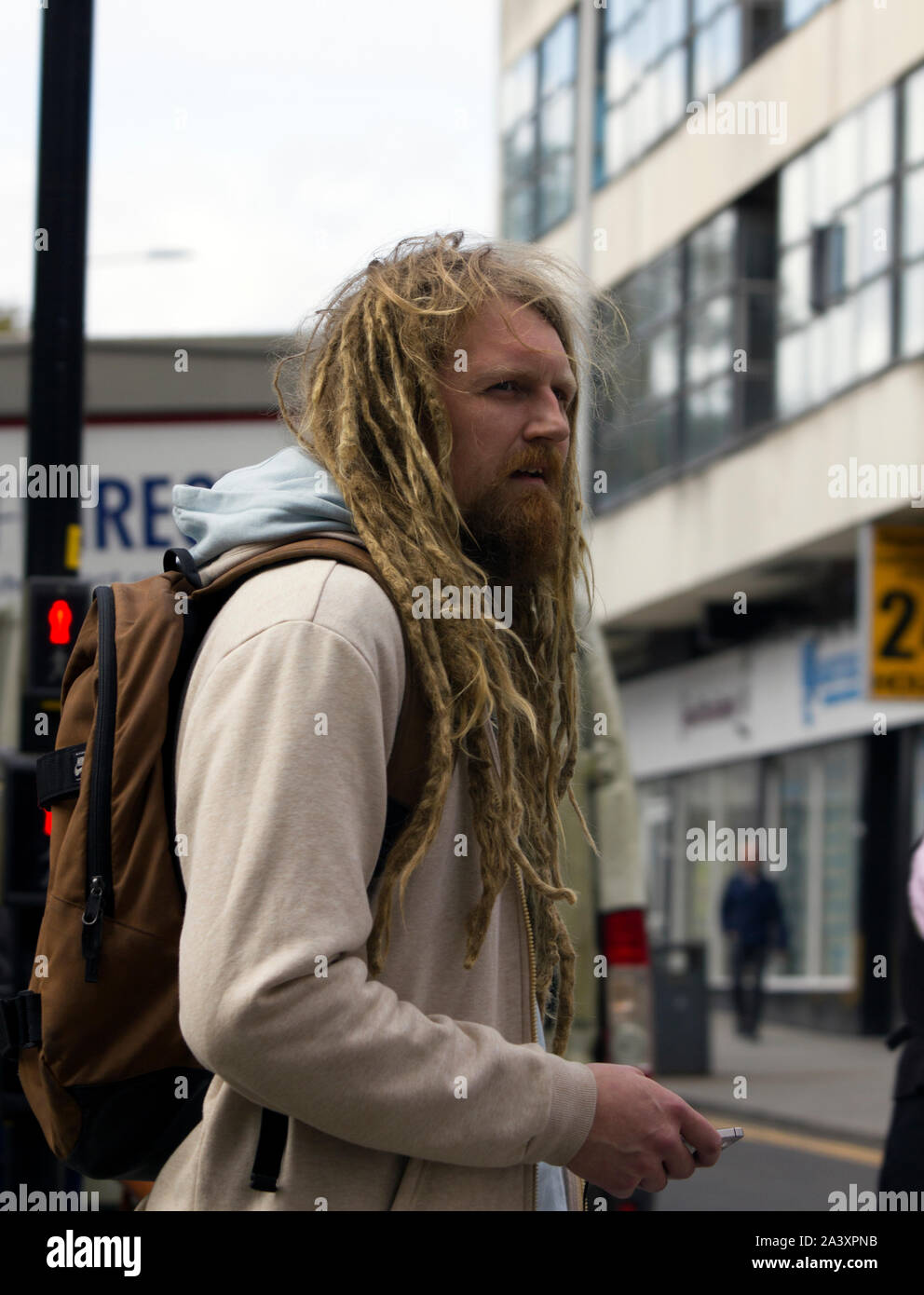 BEARDED HIPPIE IN LINCOLN CITY CENTRE. UK Stock Photo