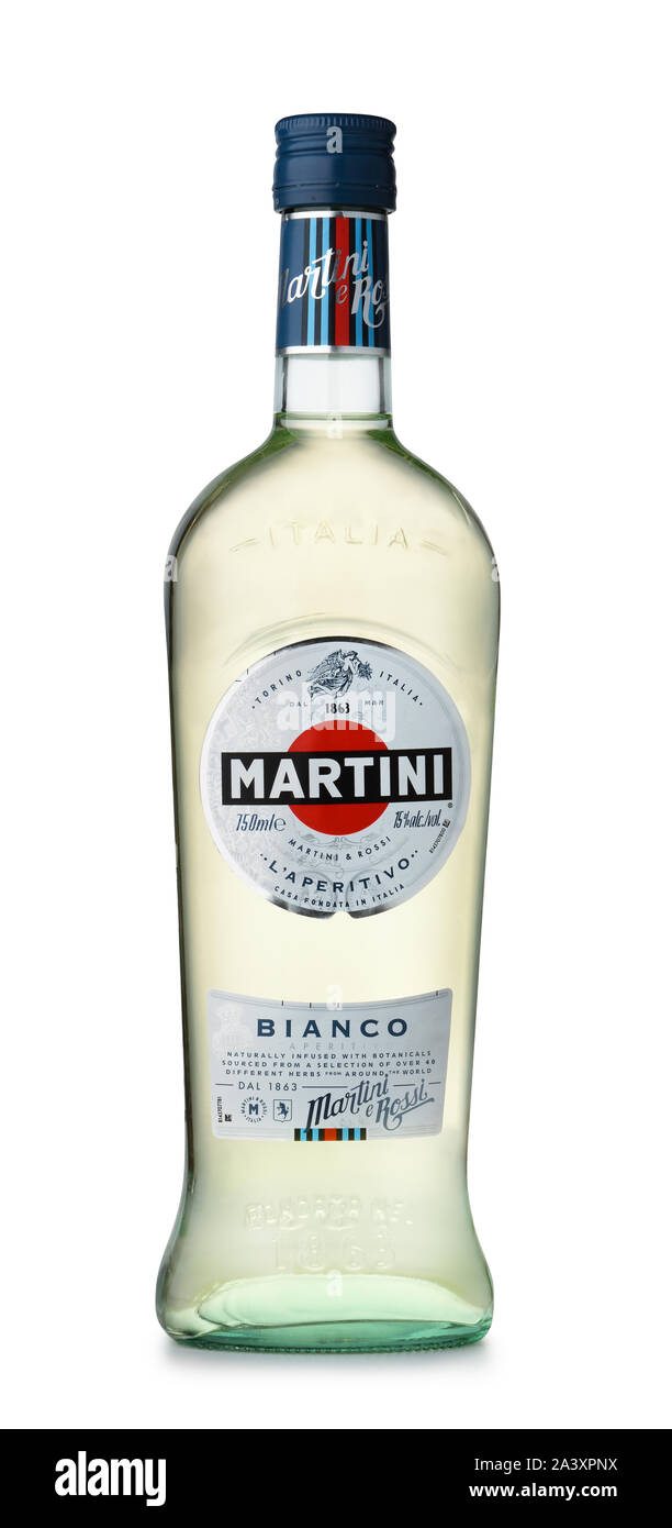 Samara, Russia - January 2018. Product shot of  italian vermouth Martini bottle isolated on white Stock Photo