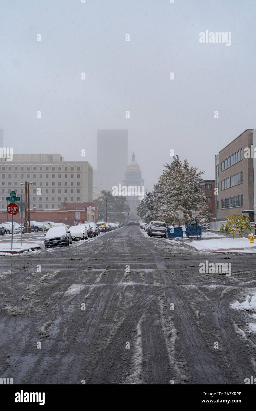 Denver, Colorado, USA- October 10, 2019: Colorado capitol during Denver's first snow storm of the season. Stock Photo
