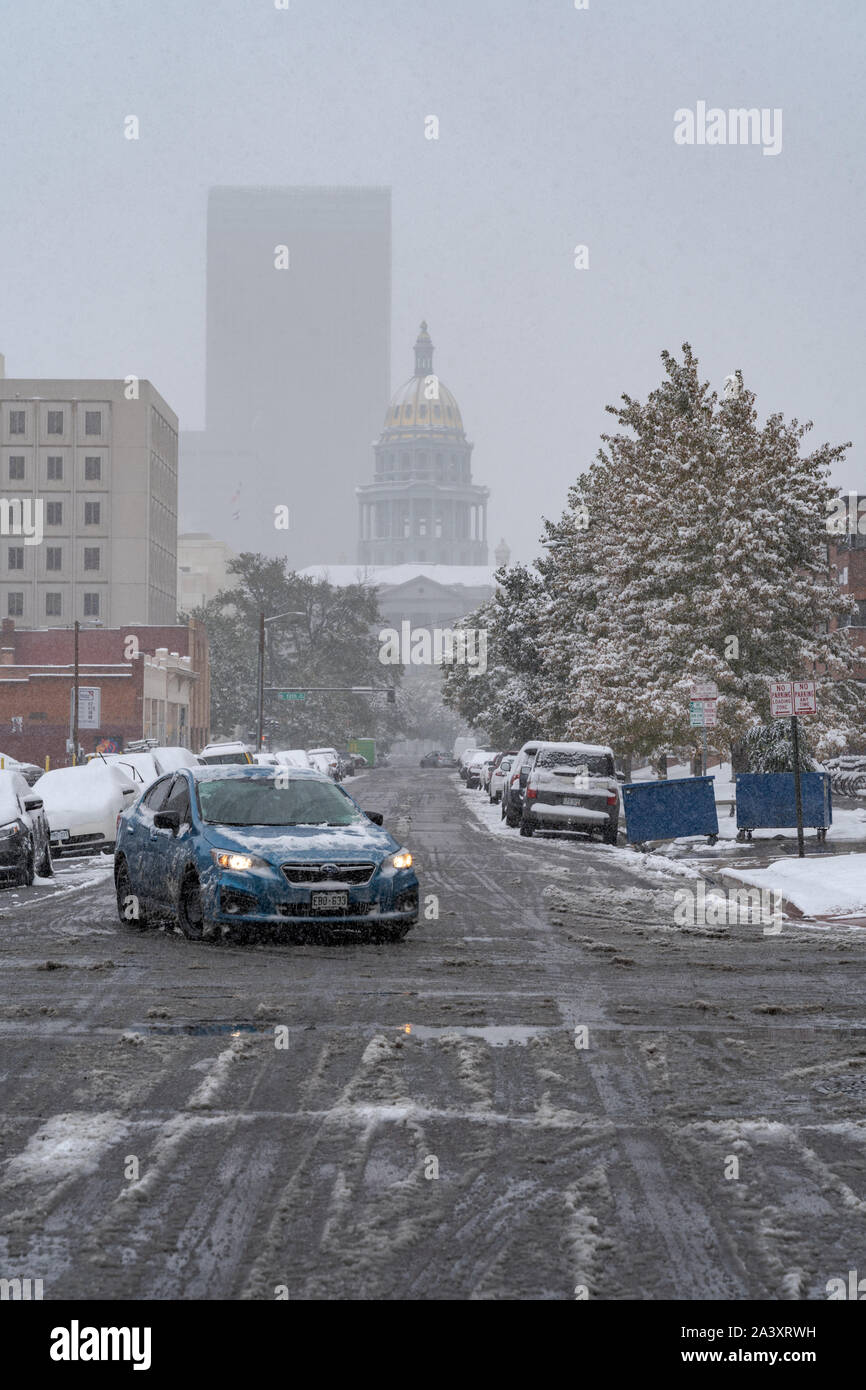 Denver, Colorado, USA- October 10, 2019: Colorado capitol during Denver's first snow storm of the season. Stock Photo