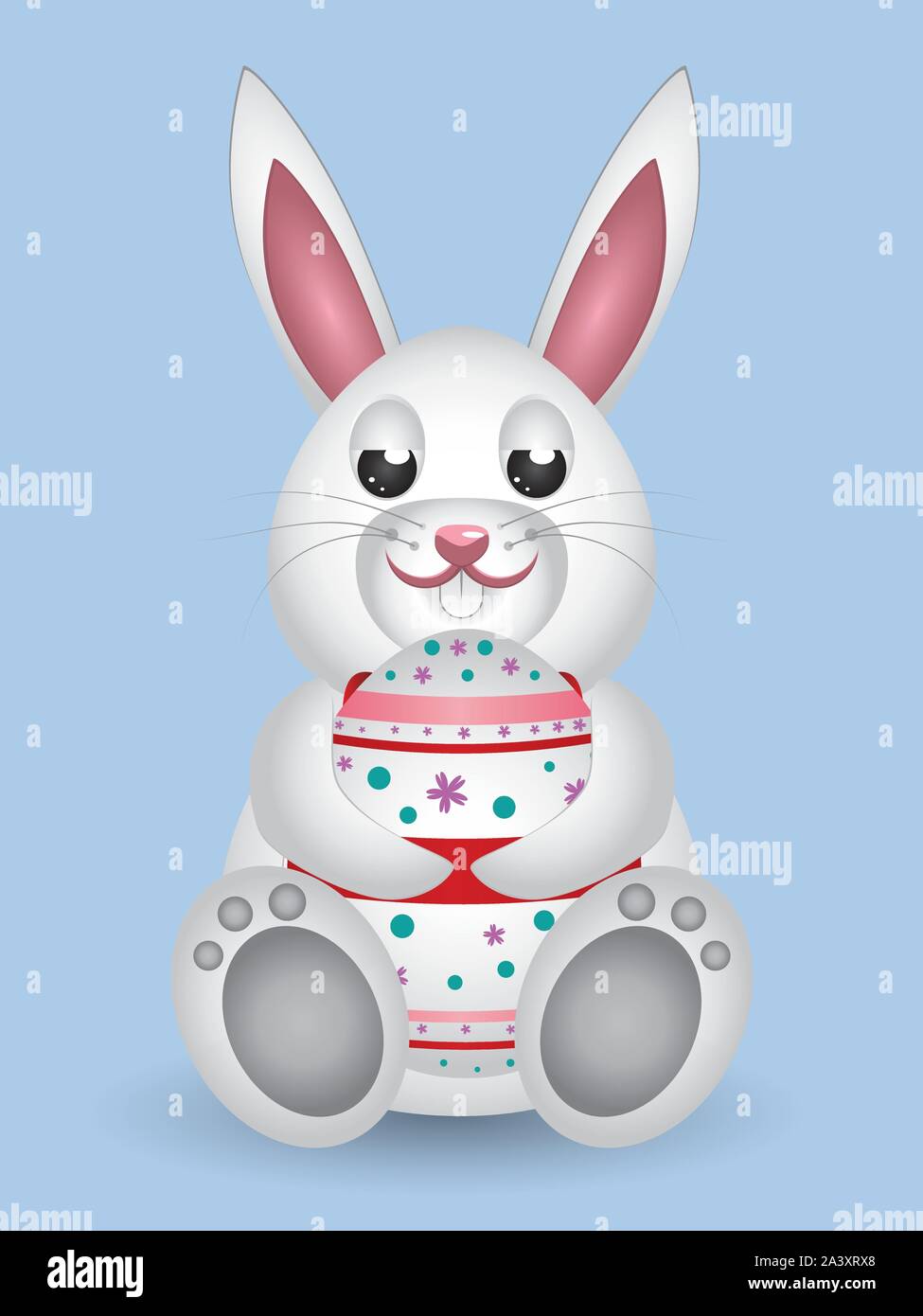 Cute small white lovely bunny with Easter egg. Stock Vector