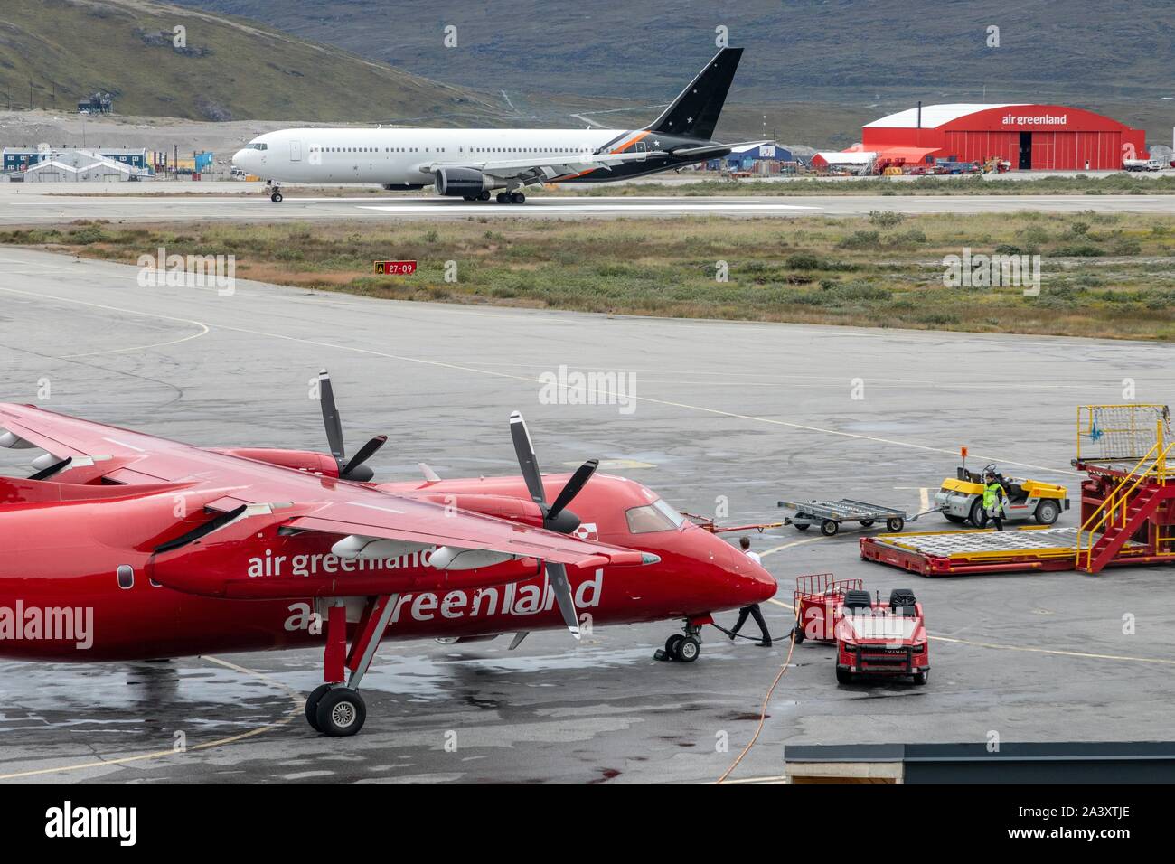 AIRGREENLAND PLANES ON THE TARMAC AT THE KANGERLUSSAQ AIRPORT, GREENLAND,  DENMARK Stock Photo - Alamy