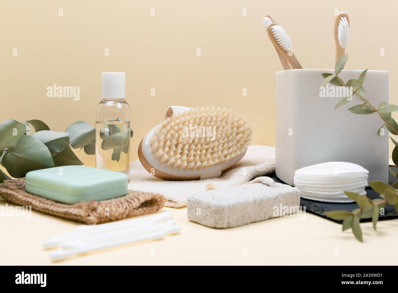 Various eco friendly spa treatment and wellness procucts. Different personal hygiene objects. Environmental awareness and beauty concept Stock Photo