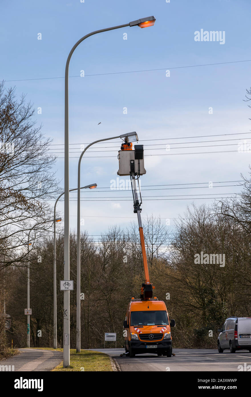 Repair, maintenance of street lamps, public utilities, in Düsseldorf, lift trucks, replacement of defective lamps, Stock Photo