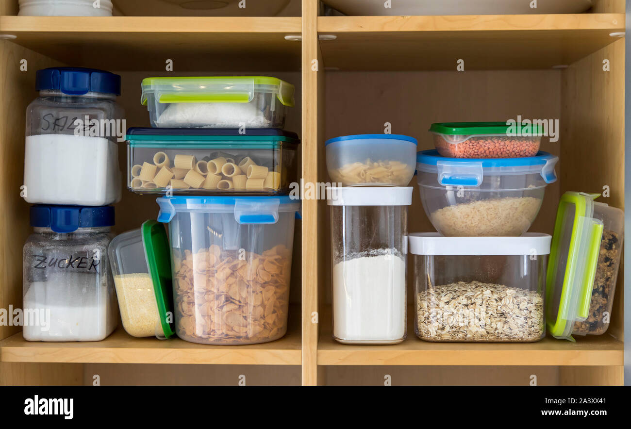 Various foods, are stored in stable, closed containers, cans, in the