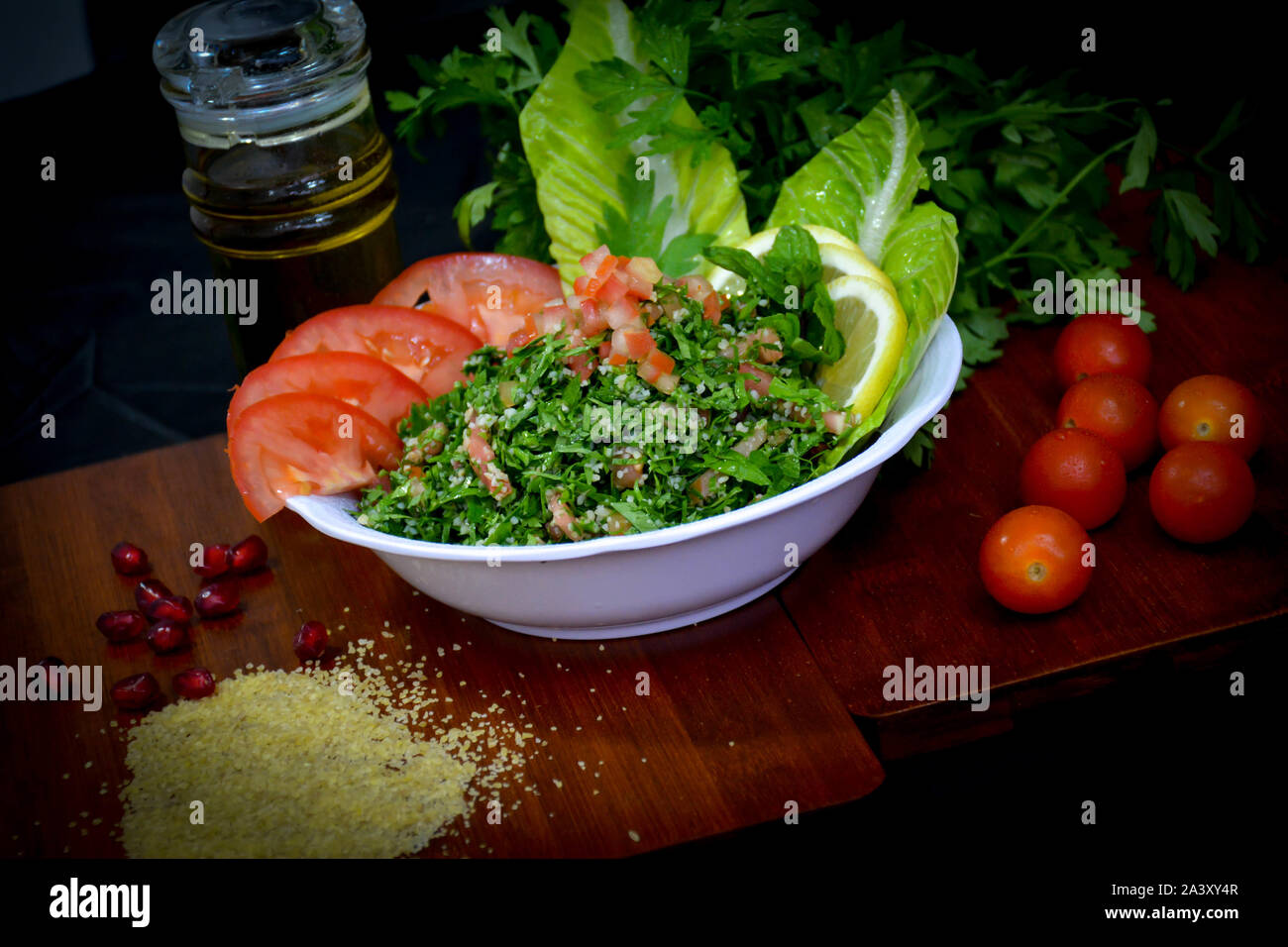 Plate of traditional eastern TABBULEH Arabic traditional food . Middle Eastern meze platter. Stock Photo
