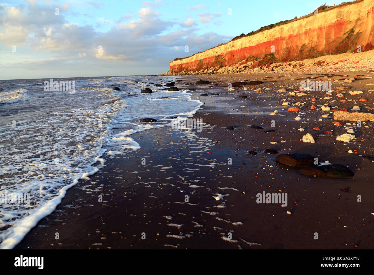 Old Hunstanton, striped cliffs, beach, The Wash, North Sea, Norfolk, England. Stock Photo