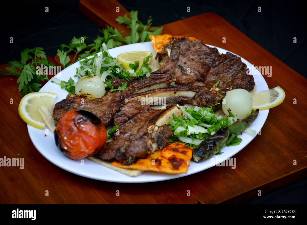 Plate of traditional eastern RIYASH Arabic traditional food . Middle Eastern food. Stock Photo