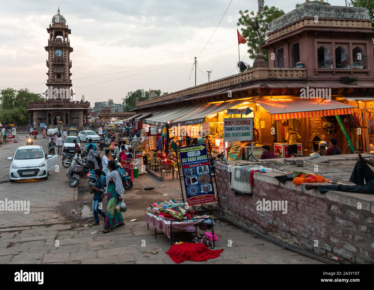 Shops along the ghanta ghar clock tower, Rajasthan, Jodhpur, India