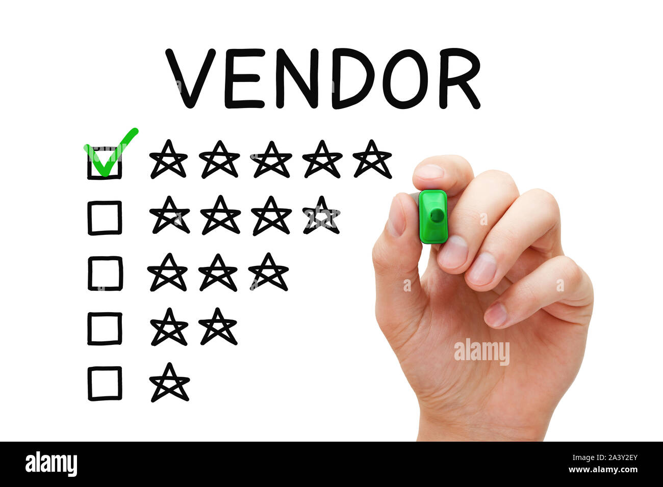 Satisfied customer putting check mark with green marker on five star rating in vendor evaluation feedback form. Stock Photo
