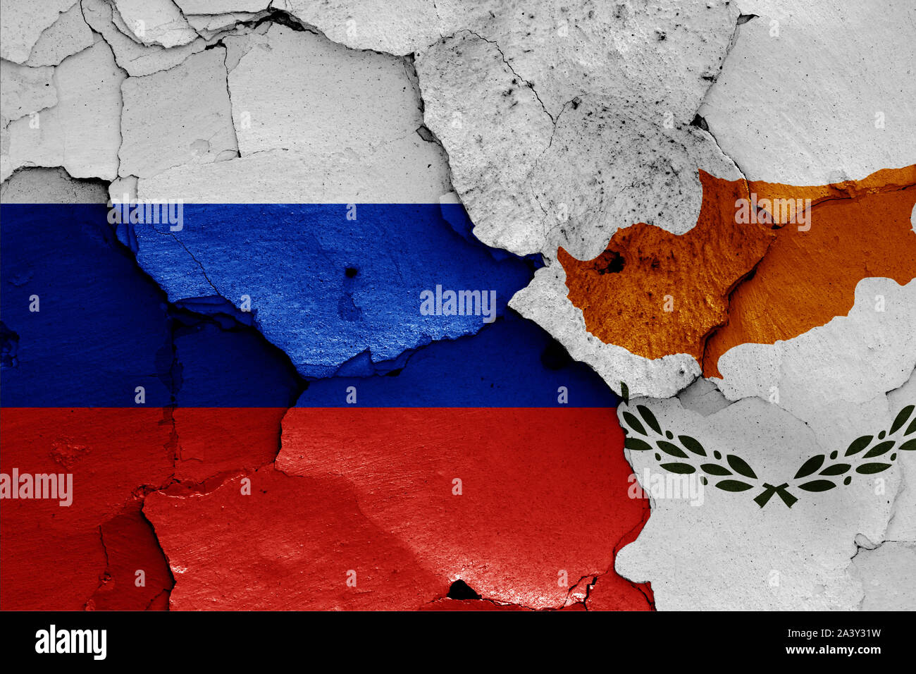 flags of Russia and Cyprus painted on cracked wall Stock Photo Alamy