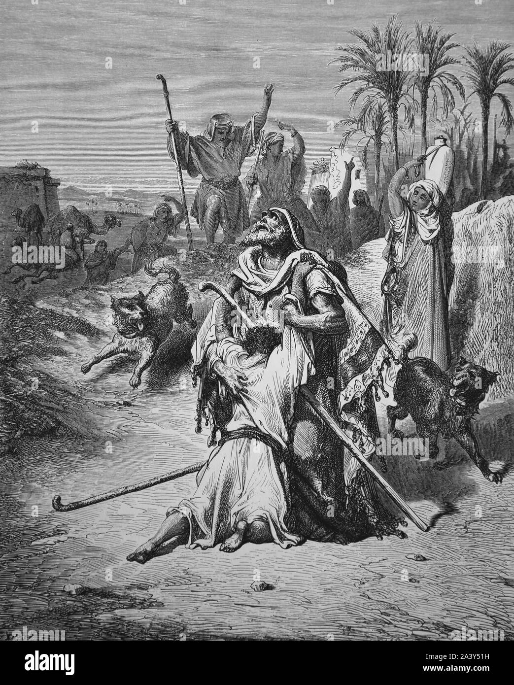 The return of the prodigal son. Son in the arms of his father. Engraving. Luke 15:20. Bible Illustration by Gustave Dore. 19th century. Stock Photo