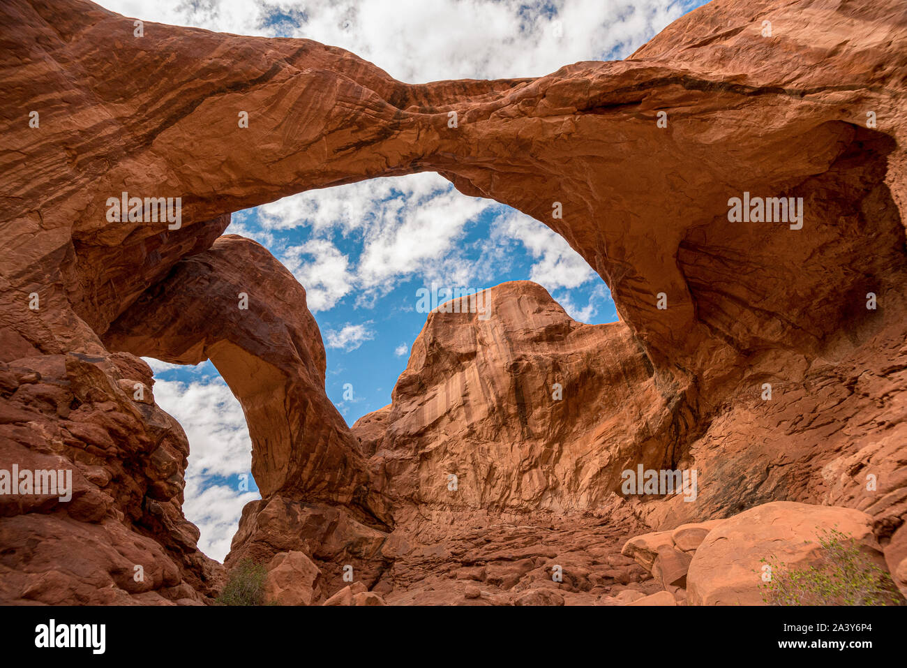Wide Angle Photo of Great Double Arch, Arches National Park, Utah/USA Stock Photo