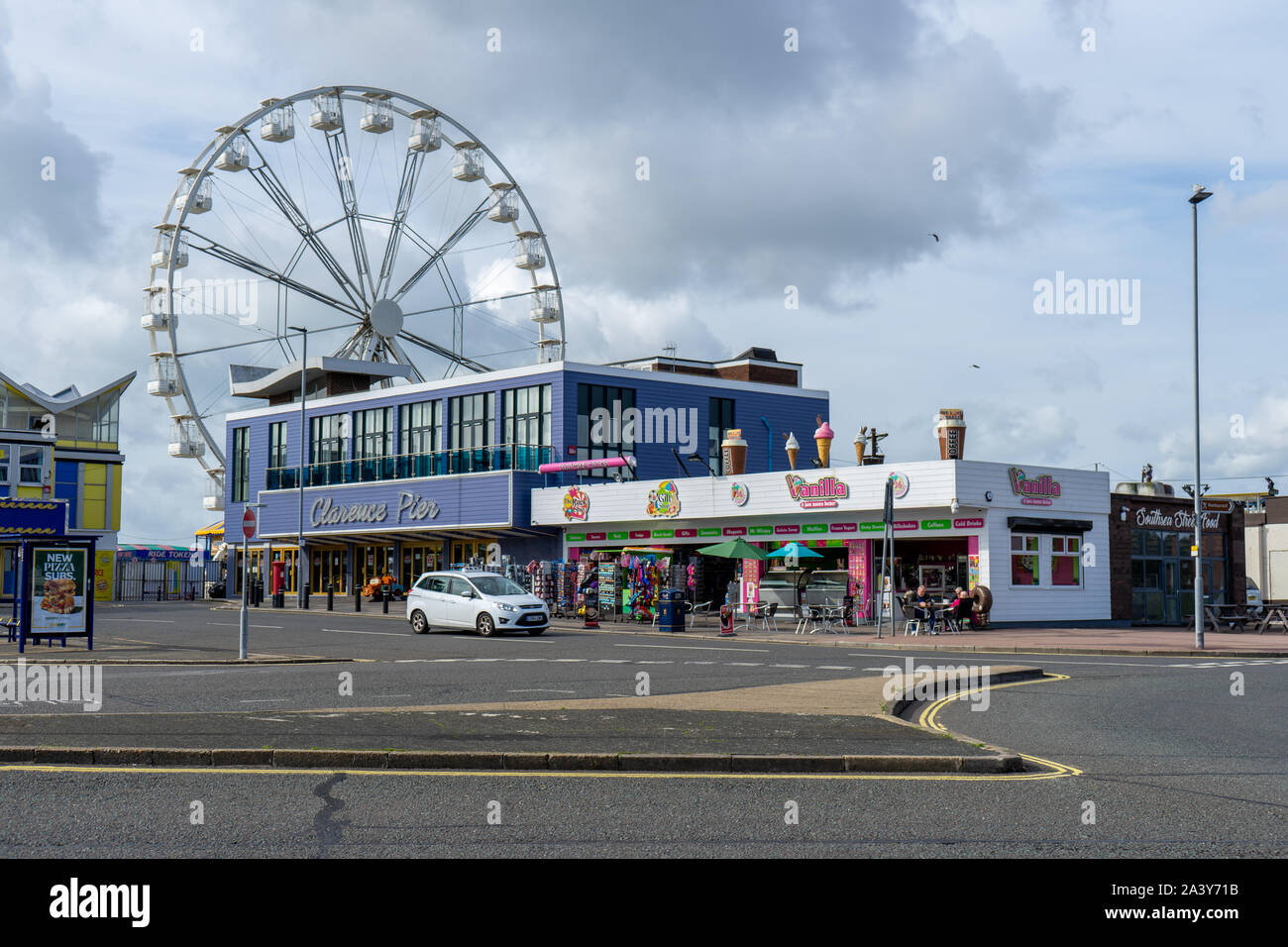 Clarence pier amusement park in Southsea, Portsmouth with a Ferris wheel or big wheel in the