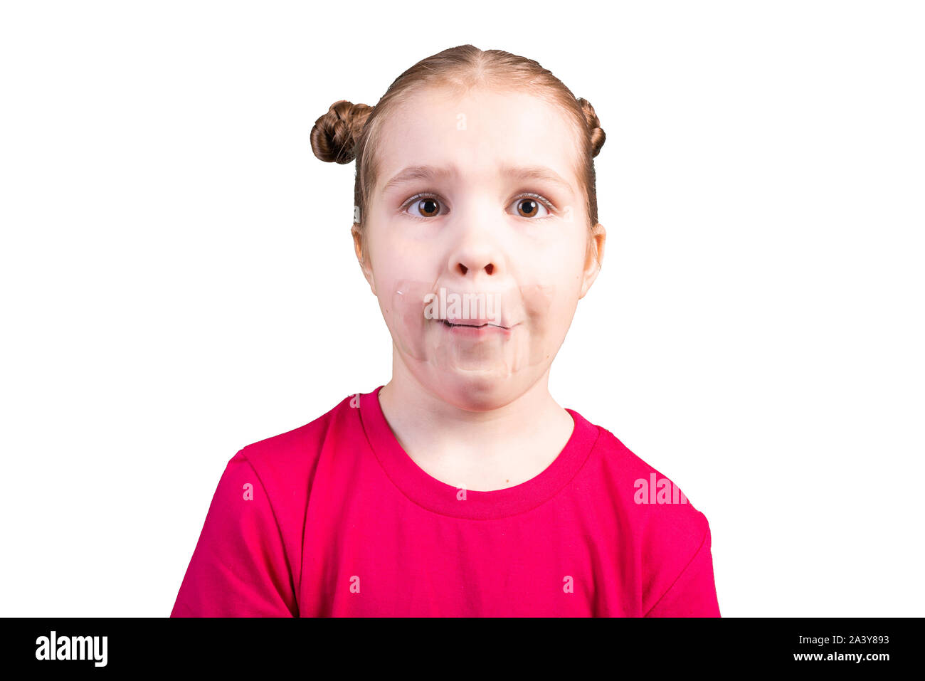 Girl with sticky tape over mouth. Isolated on white background Stock