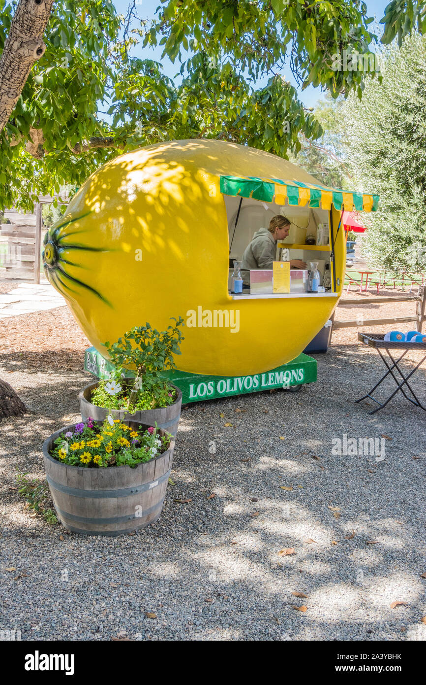 Lemon shaped structure selling lemonade in Los Olivos, California Stock