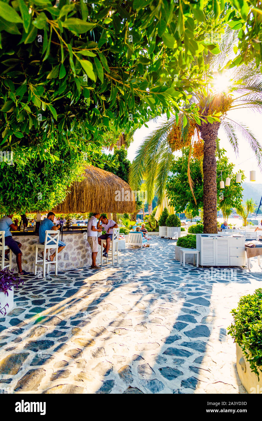 Tiki style bar at Yacht Classic Hotel, Ece Marina, Fethiye, Turkish Riviera, Turkey Stock Photo